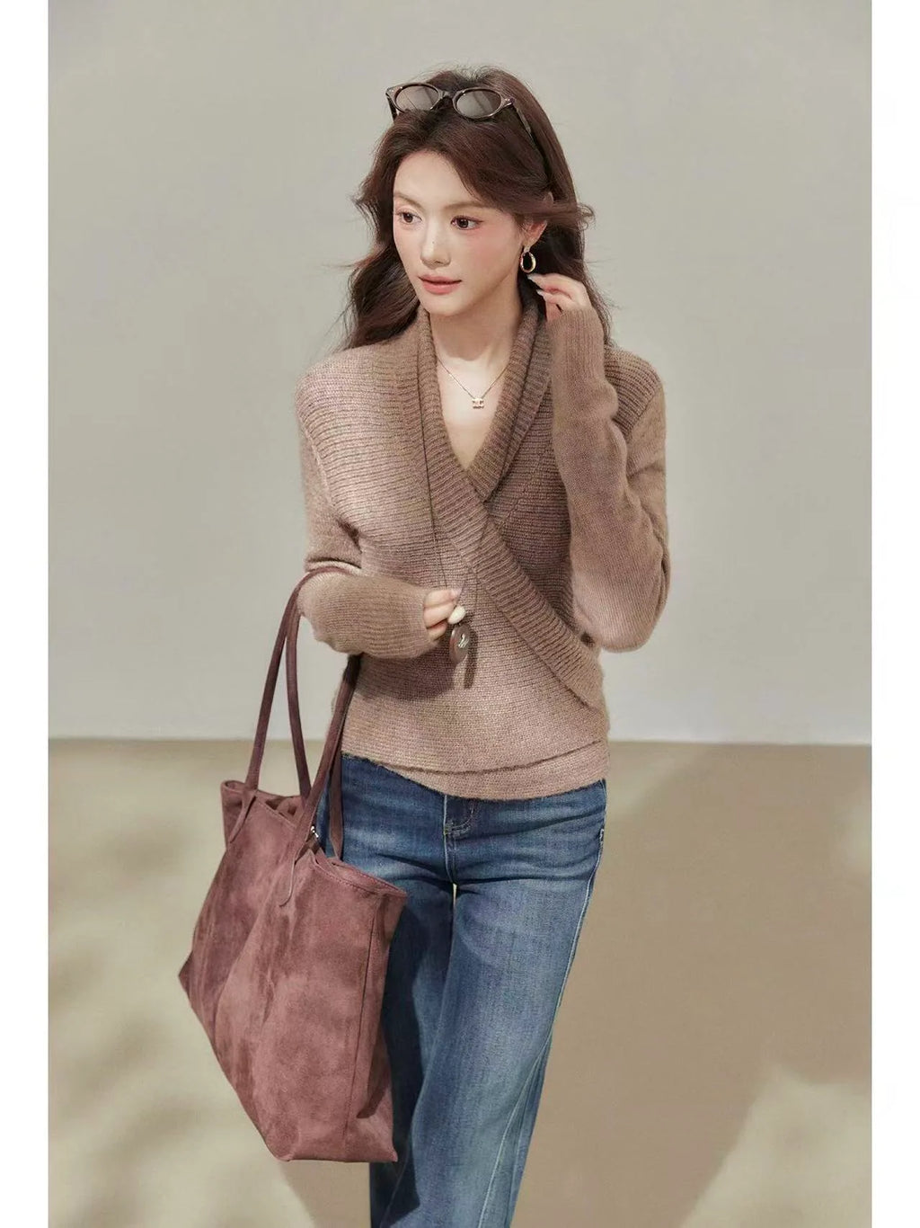 Brown Wrap V-Neck Sweater Cardigan    OL1933