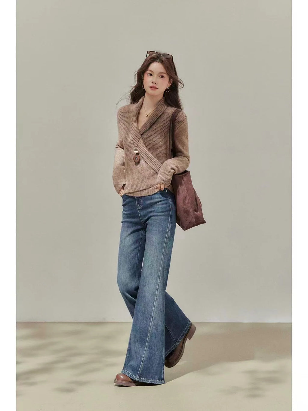 Brown Wrap V-Neck Sweater Cardigan    OL1933