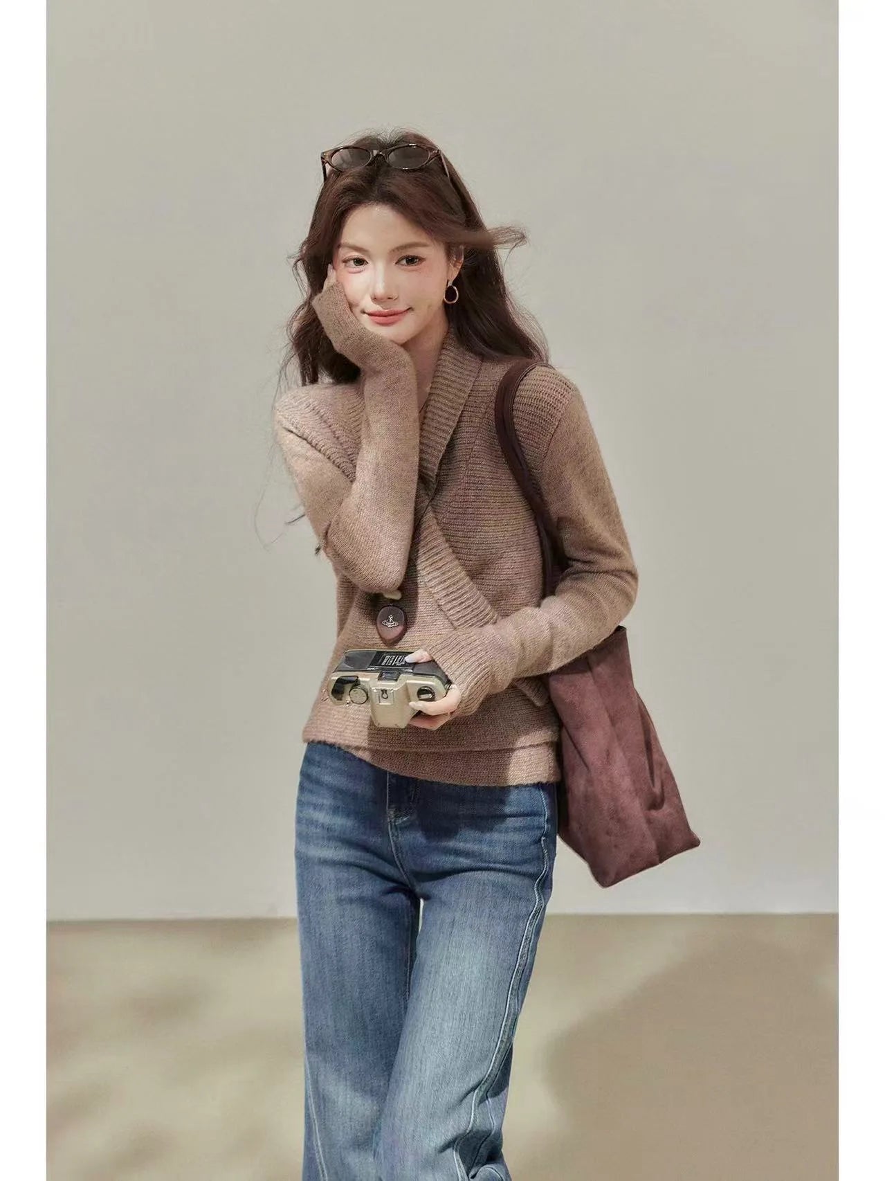 Brown Wrap V-Neck Sweater Cardigan    OL1933