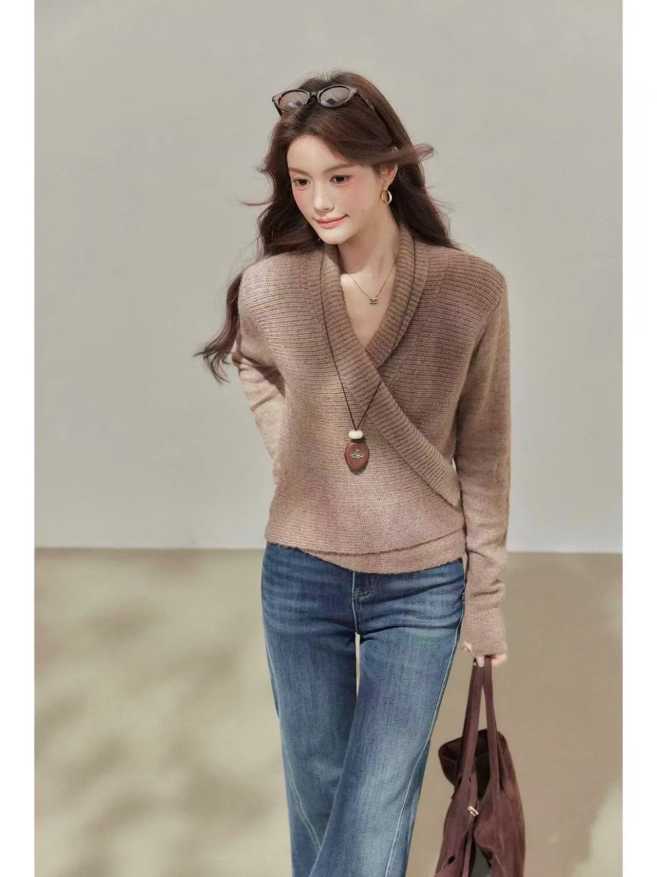 Brown Wrap V-Neck Sweater Cardigan    OL1933