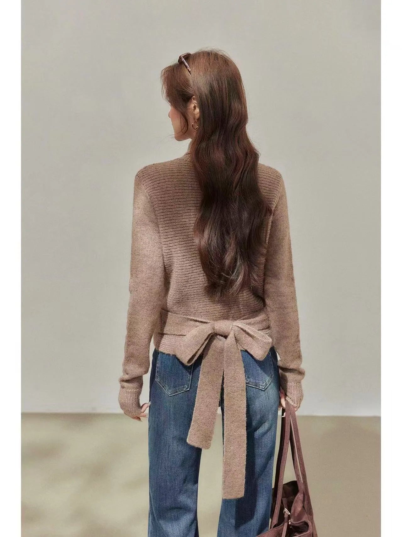 Brown Wrap V-Neck Sweater Cardigan    OL1933