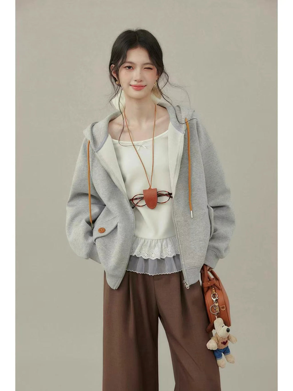 Chic Gray Hoodie Top    OL1934