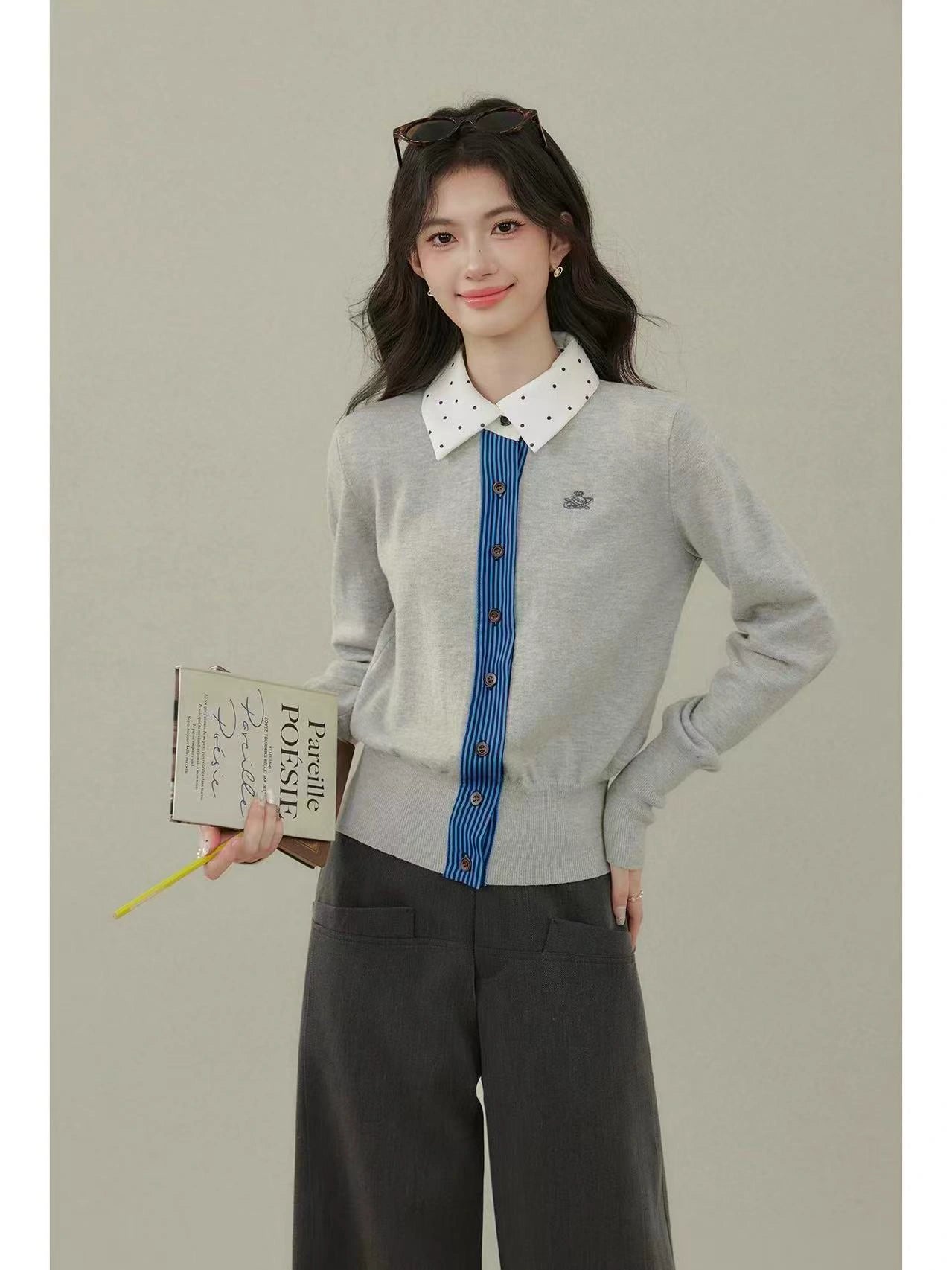 Colorblock Embroidered Knit Cardigan    OL1935