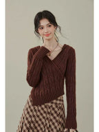 Asymmetric Hem V-Neck Knit    OL1938