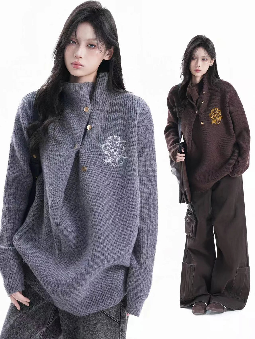 Embroidered Ruched Turtleneck Knit Top    OL1942