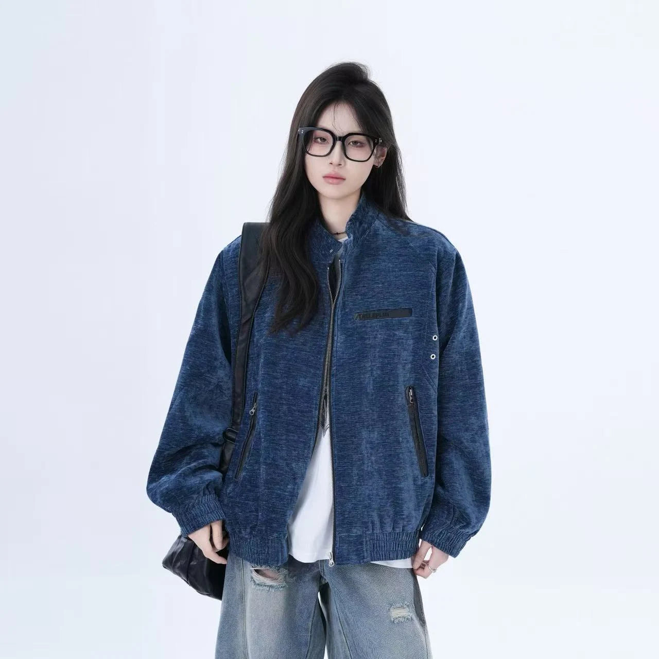 Textured Stand-Collar Relaxed Bomber Jacket    OL1943