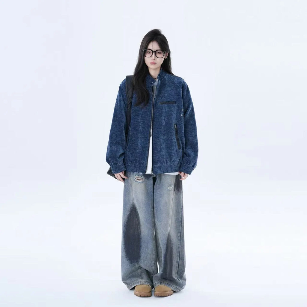 Textured Stand-Collar Relaxed Bomber Jacket    OL1943