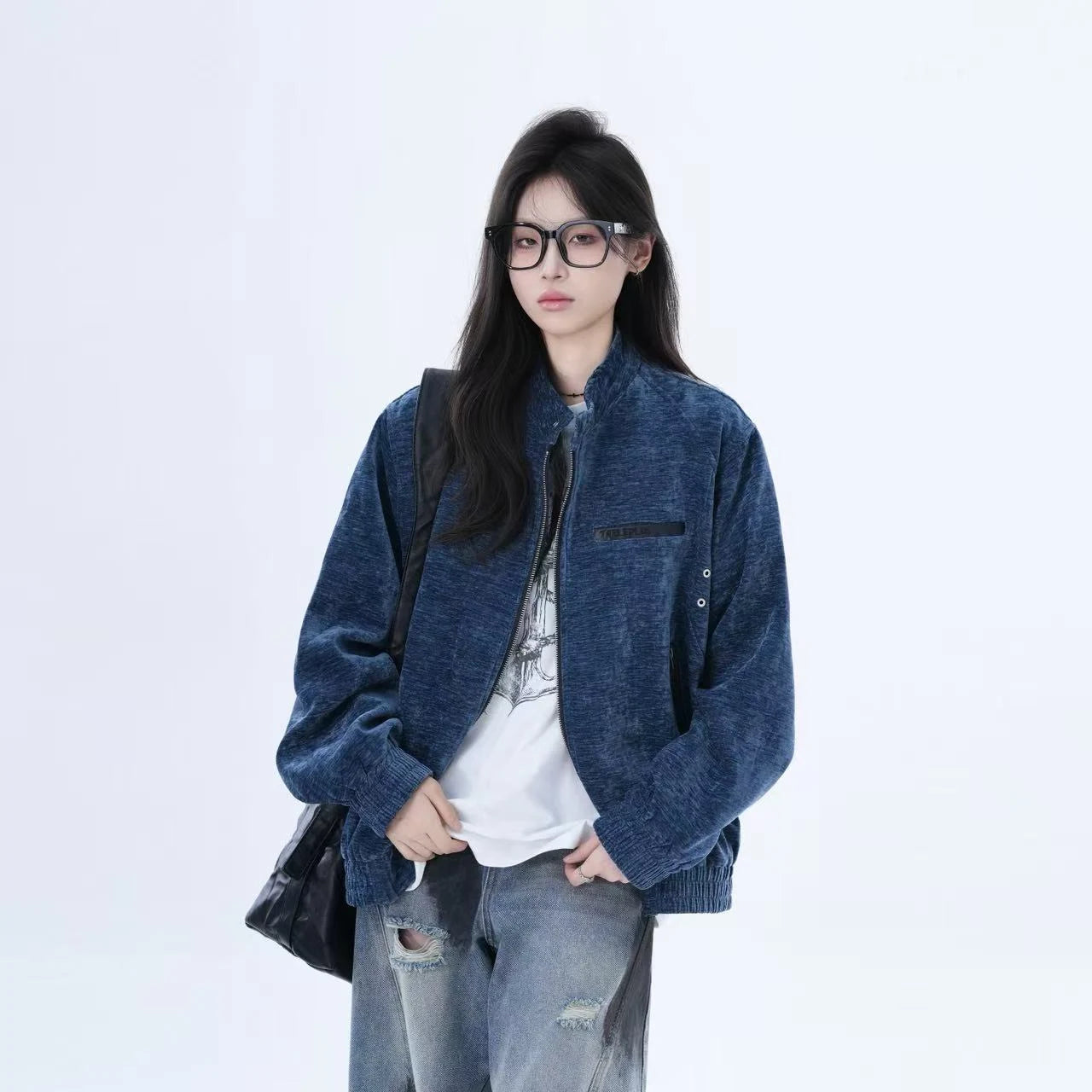 Textured Stand-Collar Relaxed Bomber Jacket    OL1943