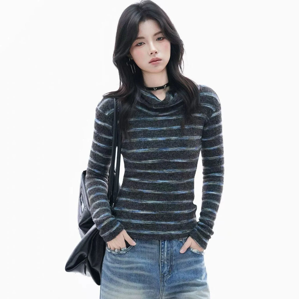 Retro Striped Ribbed Turtleneck Top    OL1949