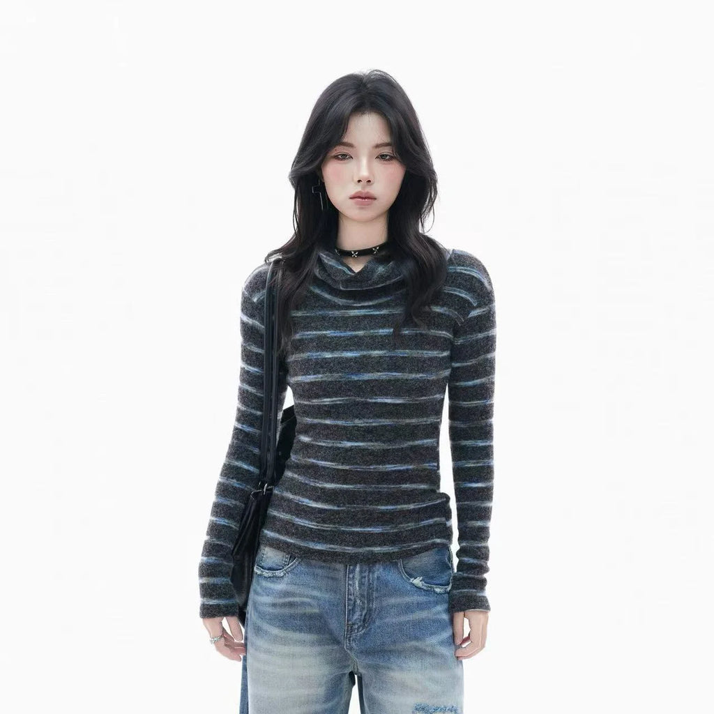 Retro Striped Ribbed Turtleneck Top    OL1949