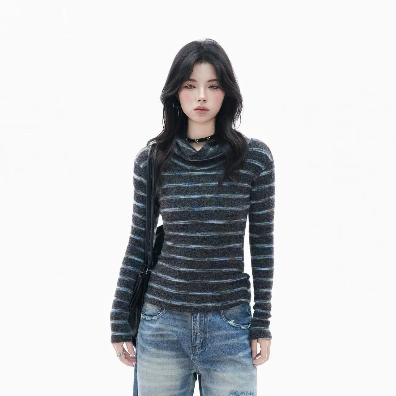 Retro Striped Ribbed Turtleneck Top    OL1949