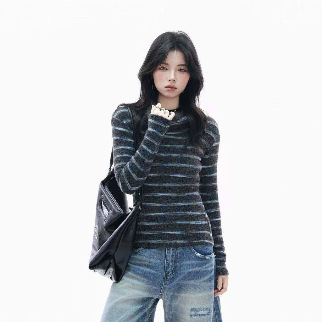 Retro Striped Ribbed Turtleneck Top    OL1949