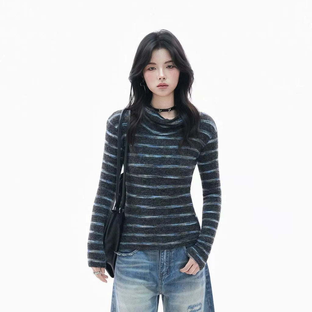 Retro Striped Ribbed Turtleneck Top    OL1949