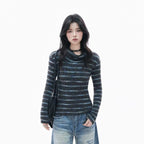 Retro Striped Ribbed Turtleneck Top    OL1949