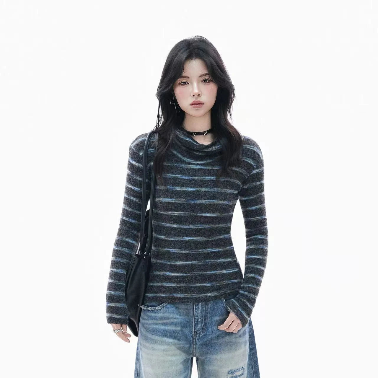 Retro Striped Ribbed Turtleneck Top    OL1949