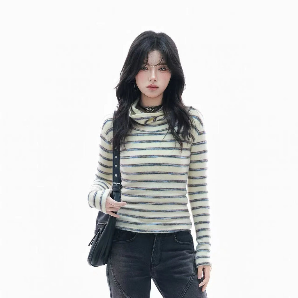Retro Striped Ribbed Turtleneck Top    OL1949