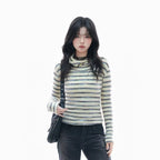 Retro Striped Ribbed Turtleneck Top    OL1949