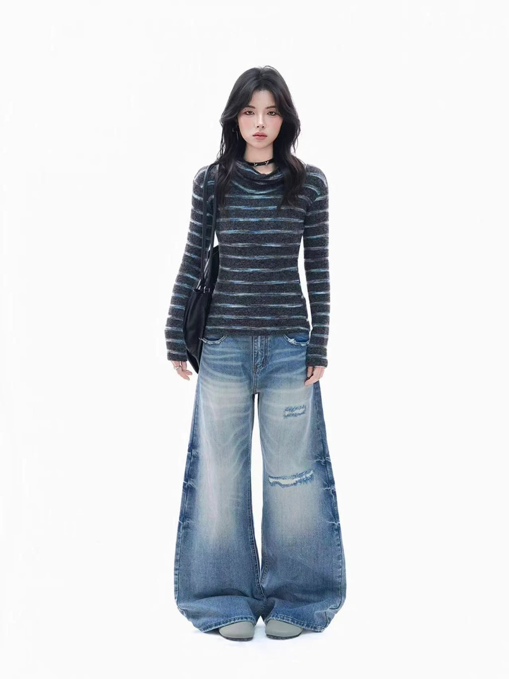 Retro Striped Ribbed Turtleneck Top    OL1949