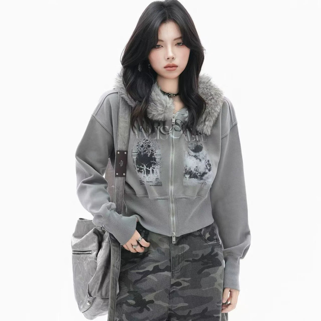 Faux Fur Hooded Zip-Up Jacket    OL1950