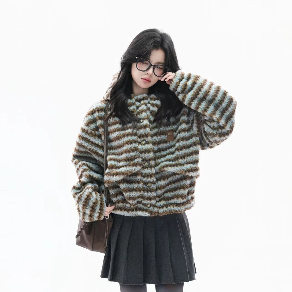 Fuzzy Striped Sherpa Hooded Jacket   OL1956