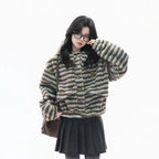 Fuzzy Striped Sherpa Hooded Jacket   OL1956