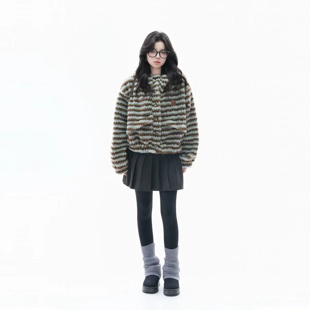 Fuzzy Striped Sherpa Hooded Jacket   OL1956