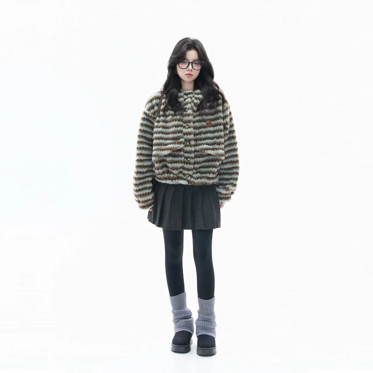 Fuzzy Striped Sherpa Hooded Jacket   OL1956