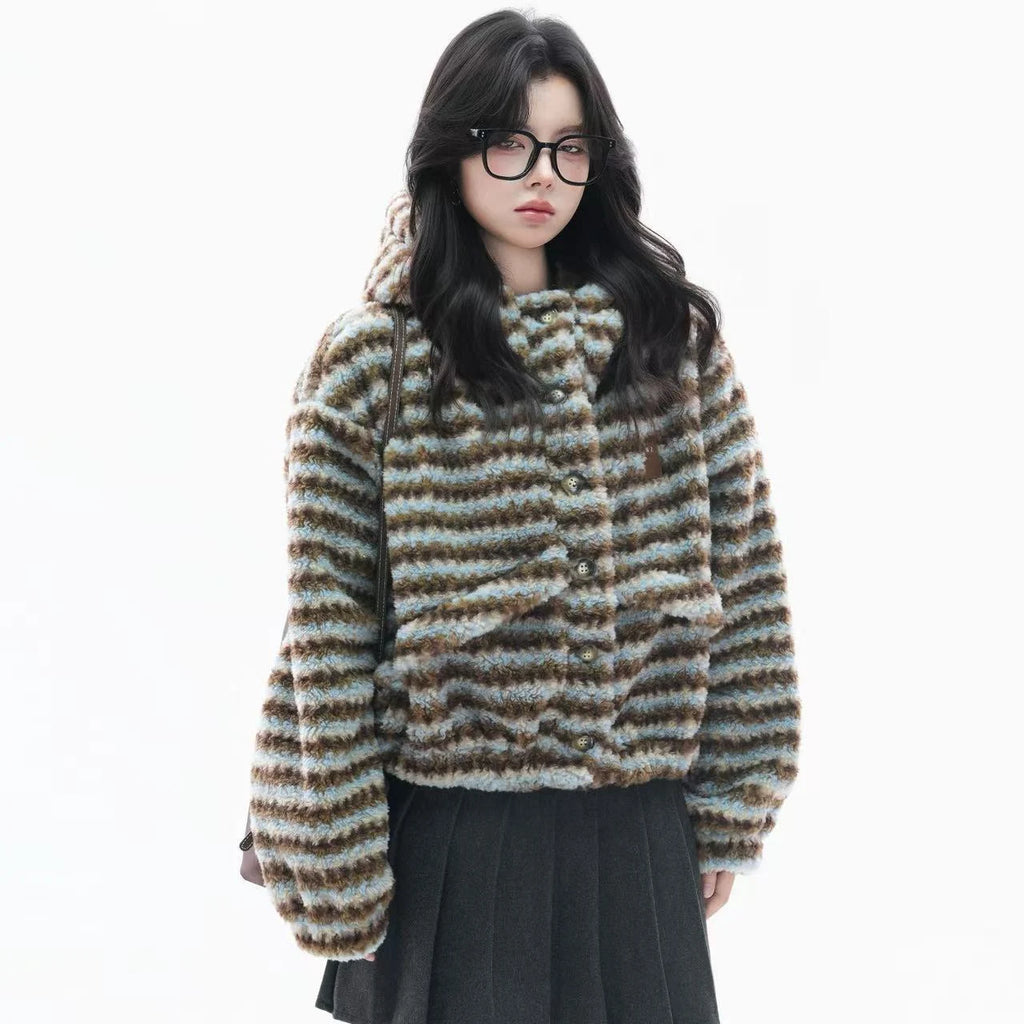 Fuzzy Striped Sherpa Hooded Jacket   OL1956