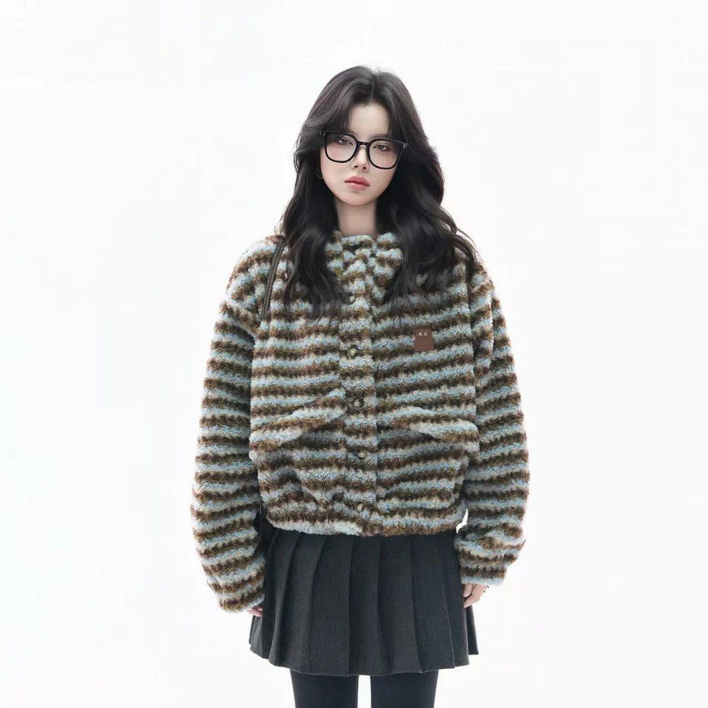 Fuzzy Striped Sherpa Hooded Jacket   OL1956
