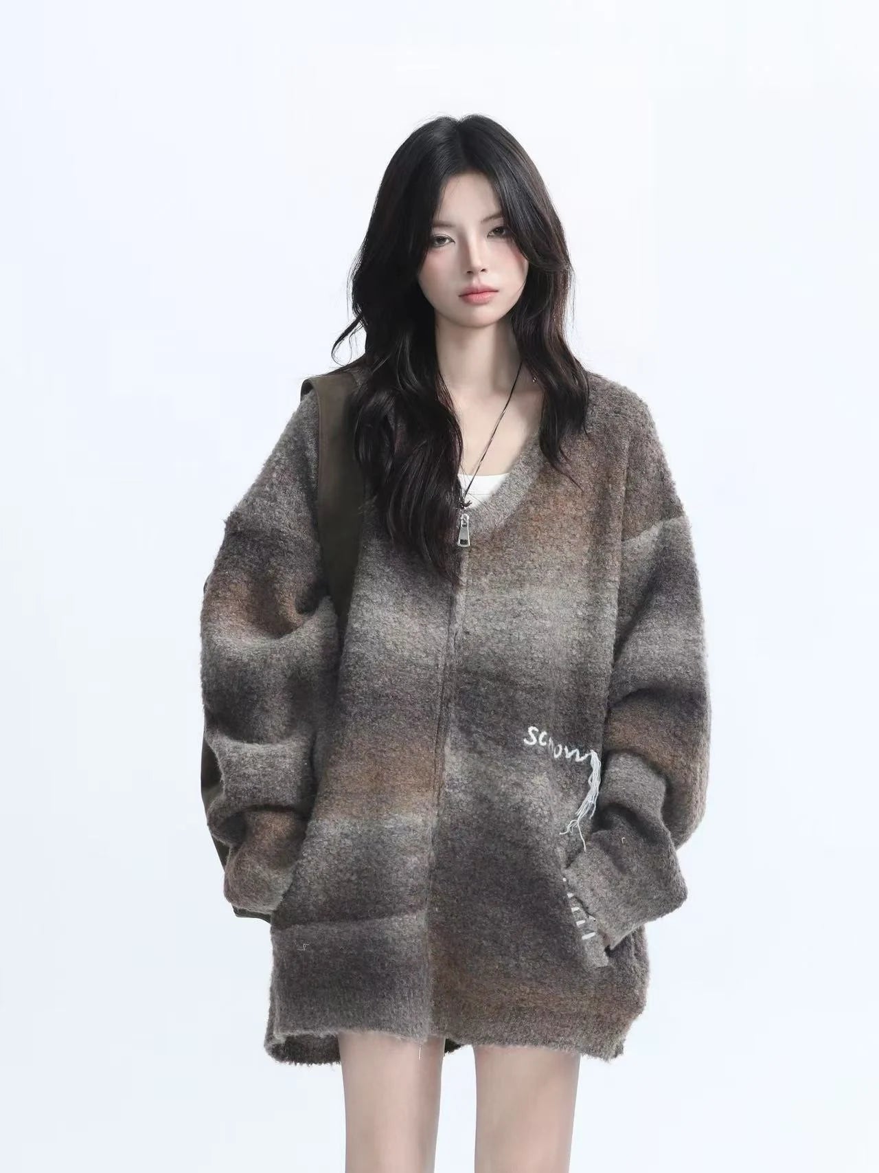 Zipped Melange Knit Cardigan  OL1961