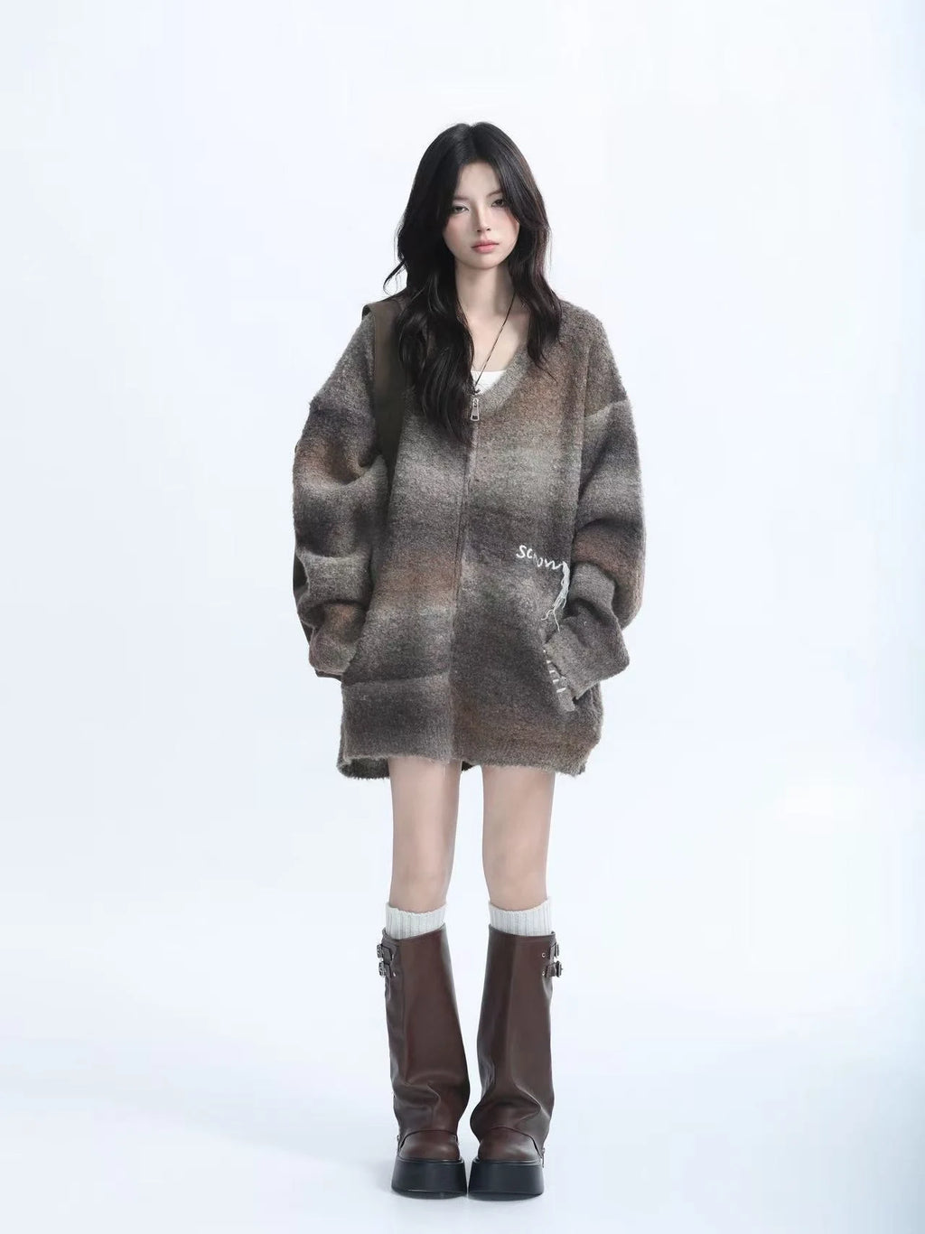 Zipped Melange Knit Cardigan  OL1961