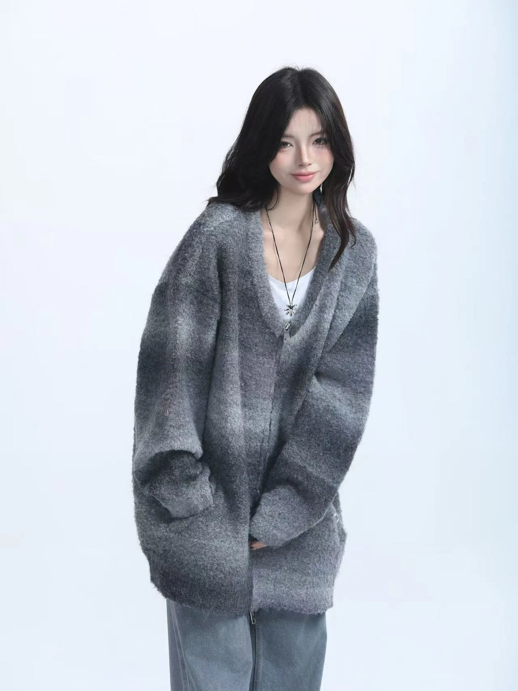 Zipped Melange Knit Cardigan  OL1961