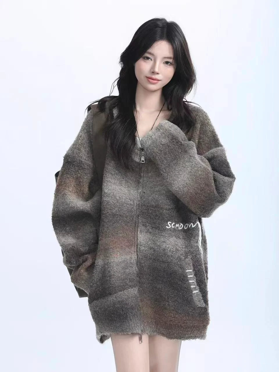 Zipped Melange Knit Cardigan  OL1961