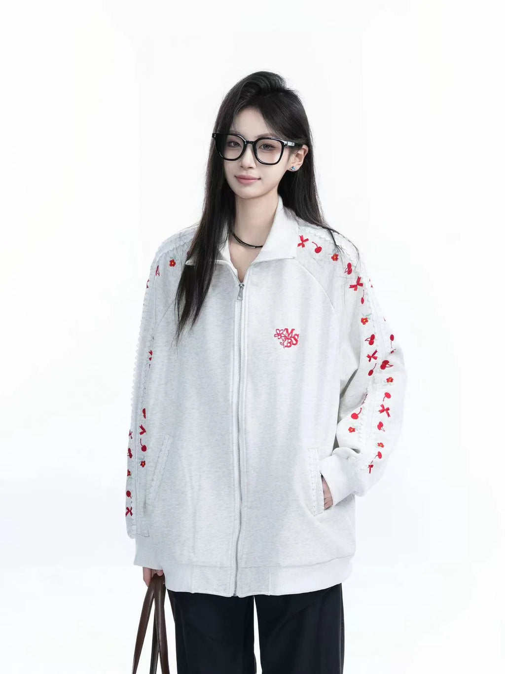 Cherry Bow Embroidered Zip Hoodie   OL1966