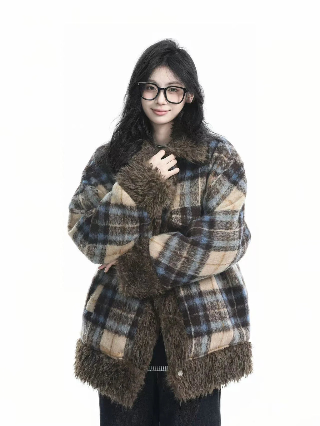 Plaid Sherpa Collar Padded Jacket   OL1967