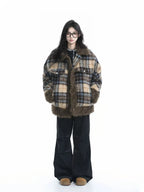 Plaid Sherpa Collar Padded Jacket   OL1967