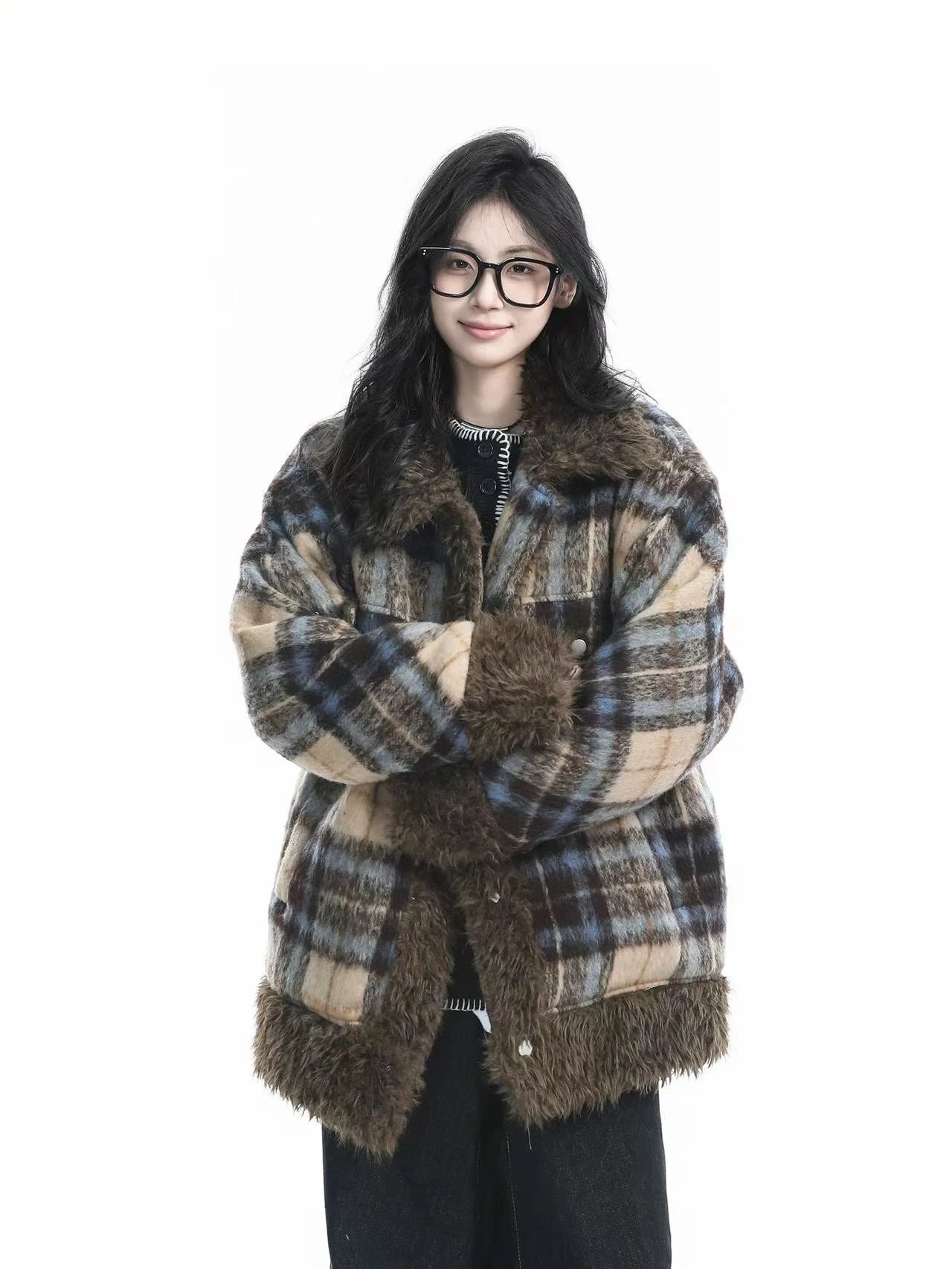 Plaid Sherpa Collar Padded Jacket   OL1967