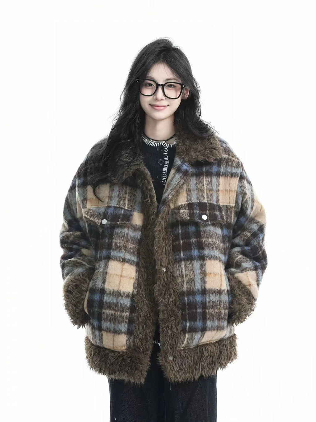 Plaid Sherpa Collar Padded Jacket   OL1967