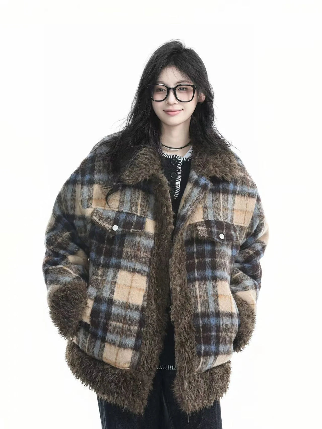 Plaid Sherpa Collar Padded Jacket   OL1967