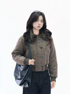 Cropped Fleece Collar Padded Jacket   OL1970