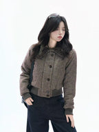 Cropped Fleece Collar Padded Jacket   OL1970