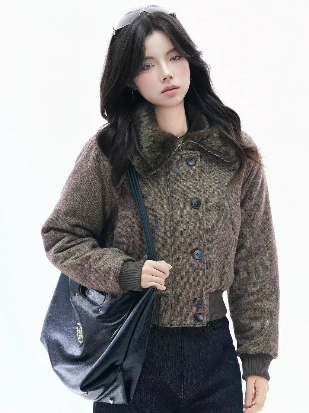 Cropped Fleece Collar Padded Jacket   OL1970