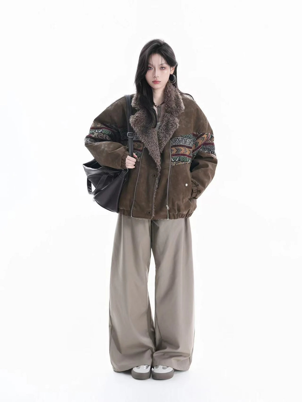 Embroidered Faux Suede Shearling Jacket   OL1971