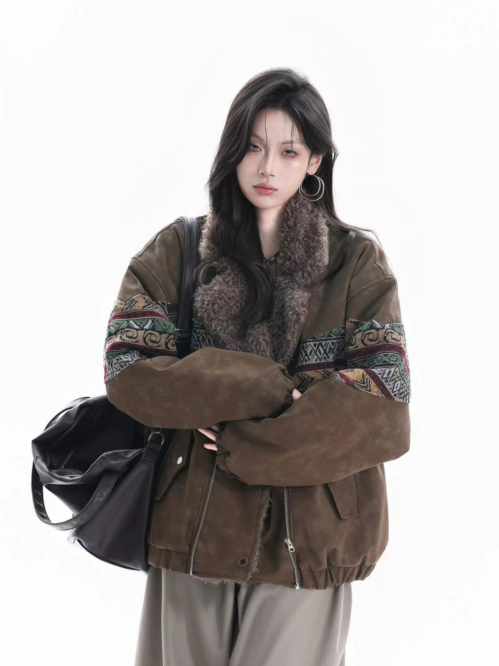 Embroidered Faux Suede Shearling Jacket   OL1971