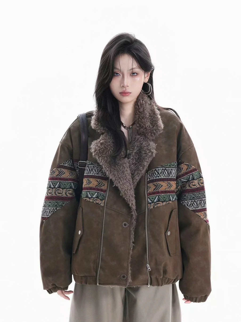 Embroidered Faux Suede Shearling Jacket   OL1971