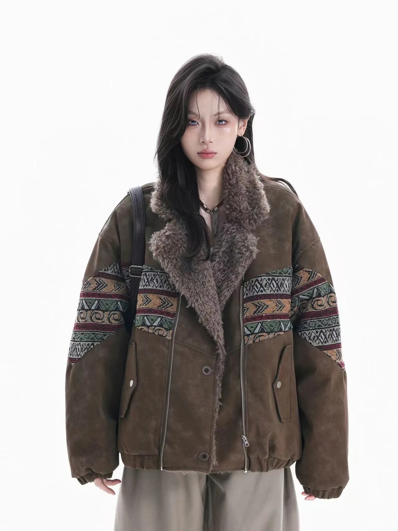 Embroidered Faux Suede Shearling Jacket   OL1971