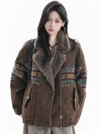 Embroidered Faux Suede Shearling Jacket   OL1971