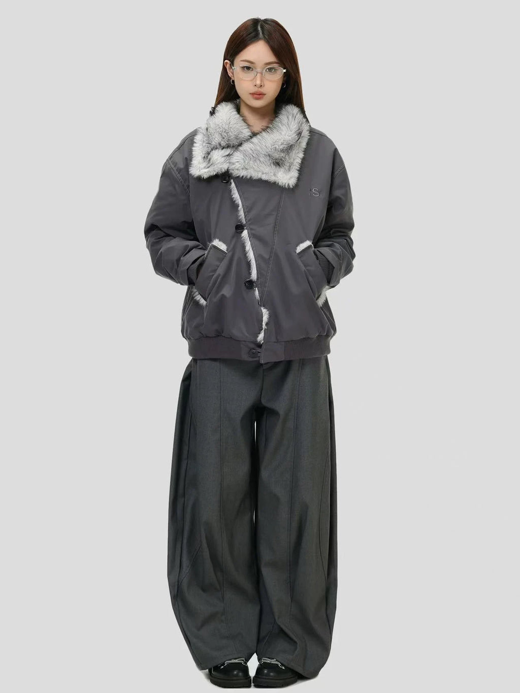 Oversized Shearling Lapel Padded Coat   OL1972