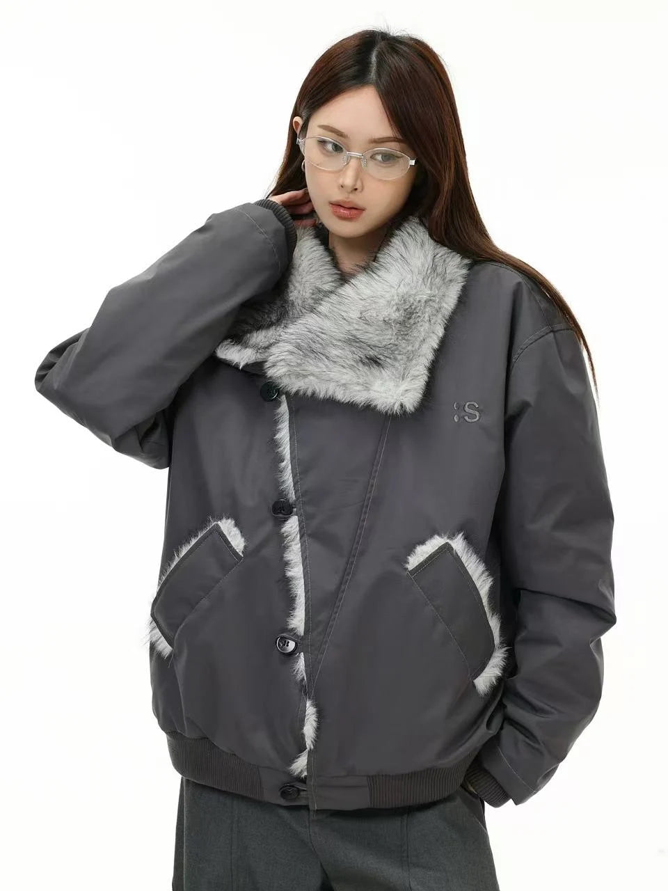 Oversized Shearling Lapel Padded Coat   OL1972