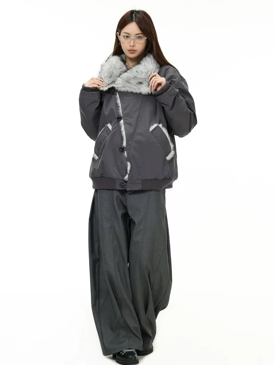 Oversized Shearling Lapel Padded Coat   OL1972